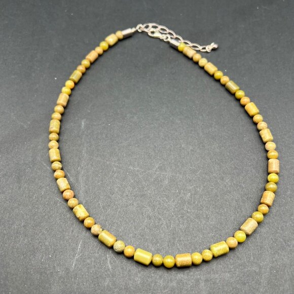 Green Stone Beaded‎ Necklace Round Tube Silver Tone - Picture 5 of 7